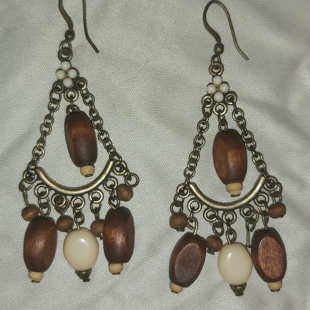Beaded, wood and metal chandelier earrings
